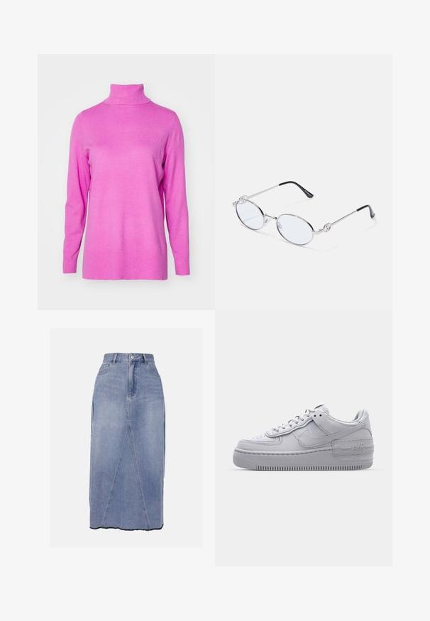 ONLY ONLIBI LONG SLIT ROLLNECK - Pullover - super pink; Jupe midi en denim bleu clair, dotée d'une taille haute, de coutures frontales et d'un ourlet irrégulier avec des bords bruts pour une finition texturée.; Basket en cuir lisse gris Nike Air Force 1 avec un bout perforé, une semelle épaisse et un détail 'AIR' en relief sur le talon.; Lunettes ovales en métal argenté avec verres transparents, présentant des accentuations décoratives sur les côtés et des embouts noirs sur les branches pour plus d'adhérence et de confort.