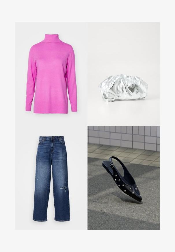 ONLY ONLIBI LONG SLIT ROLLNECK - Pullover - super pink; Jean en denim bleu à jambe large avec un design usé, comportant des bords effilochés et des sections décolorées, offrant une coupe décontractée et un look classique.; Chaussure slingback noire à bout pointu avec des clous argentés, flottant au-dessus d'un bitume près d'un mur carrelé en arrière-plan.; Pochette argent métallique avec un corps doux et froncé et une fine bandoulière. Présente une texture lisse et brillante ainsi qu'une forme arrondie.