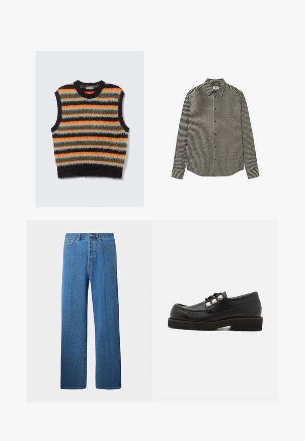 Ærmeløs fuzzy strikvest med vandrette striber i sort, orange, olivengrøn og lysegrå, med en rund halsudskæring.; Langærmet skjorte med knaplukning i mørkegrøn med hvide lodrette striber, med krave, brystlomme og buet kant.; Lysblå denimjeans med lige ben. Har fem lommer, knaplukning og minimale syninger.; Sorte læder loafers med rund tå, der har tre metalliske detaljer og en tekstureret sål for godt greb. Glat overdel og syet detalje.