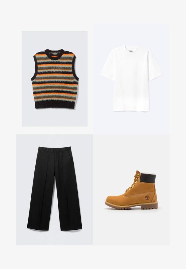 Gilet sans manches en tricot moelleux avec des rayures horizontales en noir, orange, olive et gris clair, présentant un col rond.; T-shirt blanc uni à manches courtes et col rond avec une coupe décontractée, présenté sur un fond clair.; Pantalon large noir avec passants pour ceinture, poches avant et fermeture éclair, présenté sur un fond gris clair.; Bottine en cuir brun avec œillets en métal, doublure en fourrure blanche, col rembourré noir, semelle robuste et logo en relief sur le côté.
