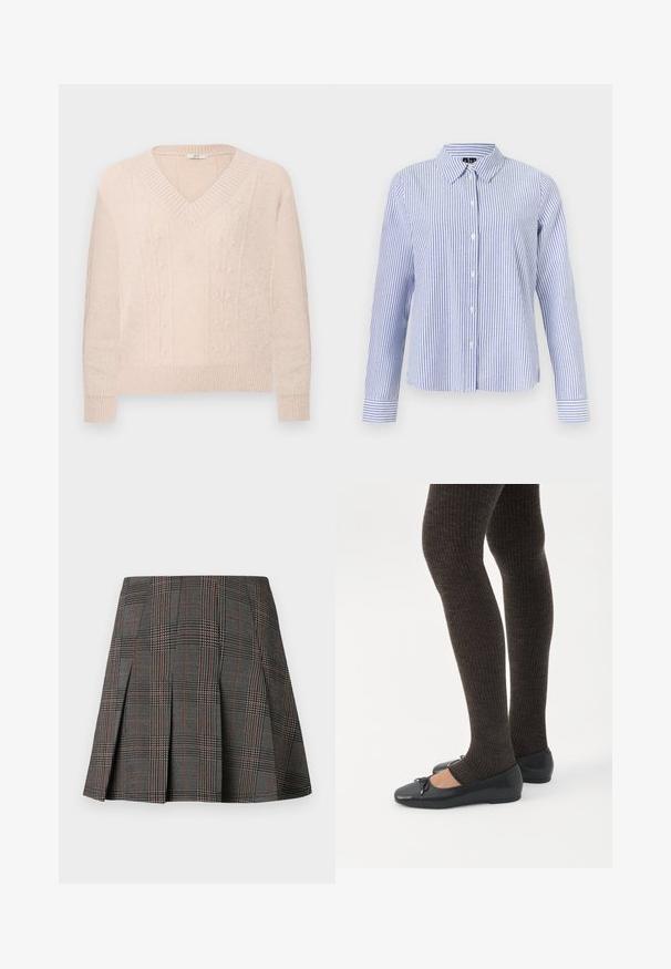 Lys beige strikket sweater med V-hals, ribbede manchetter og kant, med diskrete vertikale blomster kabelstrik mønstre på forsiden.; Langærmet skjorte med knapper med hvide og lyseblå lodrette striber og en spids krave vist på en ensfarvet baggrund.; Gråternet nederdel med plisseringer, prydet med intrikate mønstre i sort og hvid, akkompagneret af tynde røde linjer. Fremstillet af et struktureret stof.; Ben iført mørke ribbede leggings kombineret med sorte balletsko med små sløjfedetaljer på hvid baggrund.