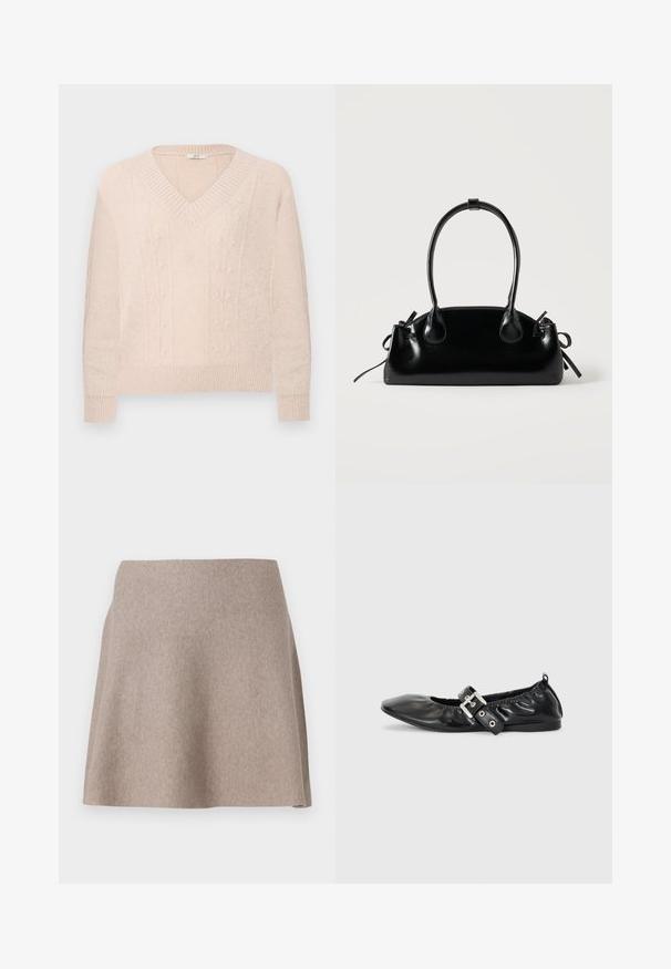 Lys beige strikket sweater med V-hals, ribbede manchetter og kant, med diskrete vertikale blomster kabelstrik mønstre på forsiden.; En beige, flagrende nederdel lavet af blødt stof med en glat tekstur og en ren kant. Enkel design uden synlige mønstre eller udsmykninger.; Sorte læder flade sko med spids tå, samling detaljer omkring åbningen, og en sølv spænde accent på den justerbare rem.; Lille sort blank håndtaske med to lange håndtag og snøre-detaljer i siden på en ensfarvet lys baggrund.