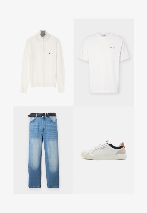 Pull en maille blanche avec un col montant, doté d'une fermeture éclair d'un quart et d'un petit logo d'oiseau bleu sur la poitrine gauche. Texture douce, poignets côtelés.; T-shirt blanc à manches courtes avec col rond, avec un petit texte vert "JUICE IT UP Marc O'Polo Denim" sur la partie gauche de la poitrine.; Jean en denim bleu clair avec une coupe droite, doté d'une ceinture noire, avec des zones décolorées et une texture diagonale subtile sur la partie supérieure.; Baskets en cuir blanc avec un design bas, accent en tissu bleu marine sur le col et onglet de talon en daim rose pâle. Semelle en caoutchouc.