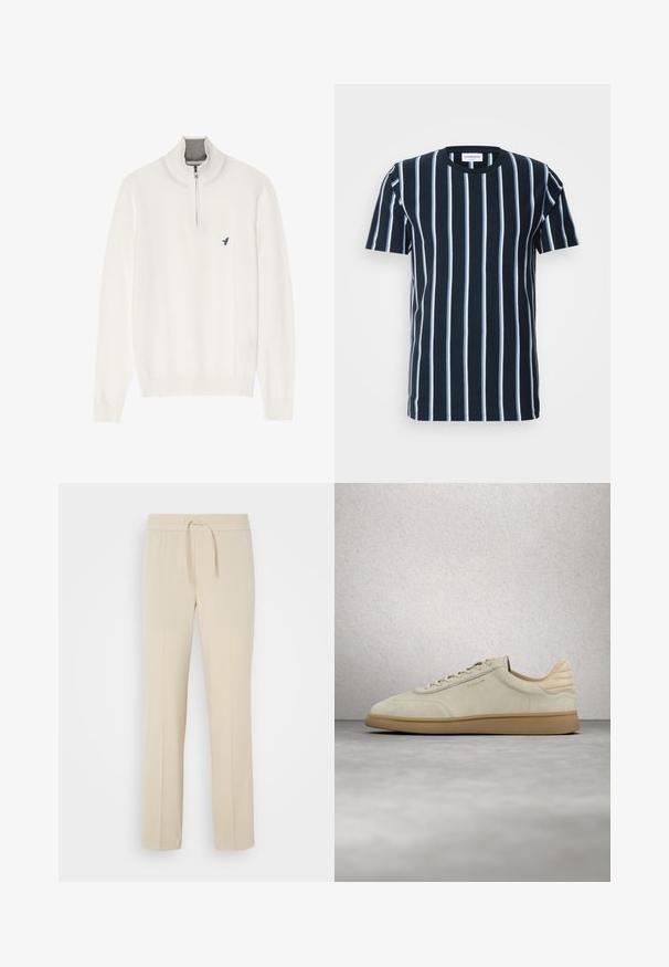 Pull en maille blanche avec un col montant, doté d'une fermeture éclair d'un quart et d'un petit logo d'oiseau bleu sur la poitrine gauche. Texture douce, poignets côtelés.; T-shirt rayé marine avec des rayures verticales blanches, un col rond, des manches courtes et une coupe décontractée. Tissu en coton doux.; Pantalons beiges à taille élastique avec cordon de serrage. Comprend des jambes droites et une texture lisse, adaptés pour un usage décontracté ou pour se détendre.; Baskets en daim beige avec semelle en caoutchouc texturée couleur gomme. Elles présentent des lacets plats, un bout arrondi et un logo discret sur le côté. Col légèrement rembourré.