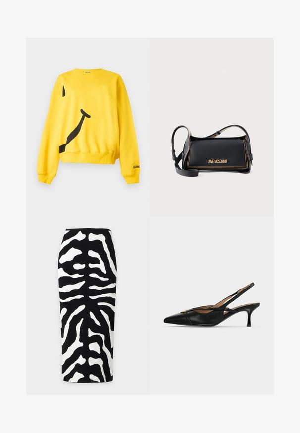 Sweat-shirt jaune à manches longues avec un grand motif abstrait de smiley noir et le logo "Moschino" sur le poignet de la manche gauche.; Jupe crayon imprimé zèbre noir et blanc, taille haute et coupe longueur genou sur fond uni.; Chaussure slingback en cuir noir à bout pointu, petit talon kitten et détail boucle dorée à l'avant.; Sac à main rectangulaire noir Love Moschino avec surpiqûres dorées et bandoulière ajustable sur fond uni.