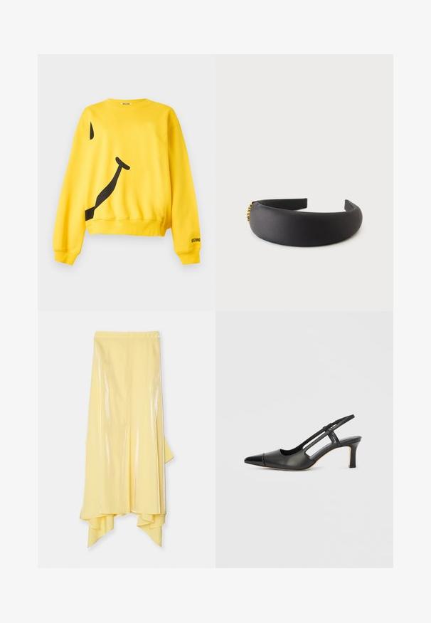 Sweat-shirt jaune à manches longues avec un grand motif abstrait de smiley noir et le logo "Moschino" sur le poignet de la manche gauche.; Jupe midi jaune avec un ourlet asymétrique, fabriquée en tissu brillant et lisse. Elle présente une taille ajustée et une silhouette fluide.; Chaussure à bride arrière en cuir noir avec bout pointu, dotée d'un accent brillant sur le bout et d'un talon de hauteur moyenne. Design latéral ouvert.; Bandeau noir rembourré avec une finition en tissu lisse et un petit détail décoratif doré sur un côté.
