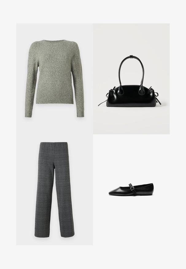 Pull à col rond à manches longues en doux tricot gris, avec des poignets et un ourlet côtelés, présenté sur un fond blanc uni.; Vero Moda VMBERLIN WIDE PANT - Pantalon classique - dark grey/black; Chaussure noire plate en cuir avec un bout pointu, bride réglable avec une boucle en métal, texture lisse et design minimaliste.; Petit sac à main noir brillant avec deux longues anses et des détails à cordon sur les côtés sur un fond clair uni.