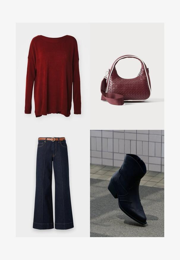 Pull en tricot rouge avec un décolleté large, des manches longues, une coupe décontractée et des poignets côtelés. Texture douce avec un léger effet satiné.; Jean large en denim bleu foncé avec taille haute, ceinture marron et détails de couture visibles. Comprend des poches avant et une coupe décontractée.; Bottine en cuir noir avec un petit talon, couture décorative et bout pointu, positionnée debout sur une surface pavée à côté d’un mur carrelé.; Sac à main en cuir tressé marron foncé avec poignée courbée, garniture blanche, fermeture éclair argentée et bandoulière large en tissu amovible sur fond uni.