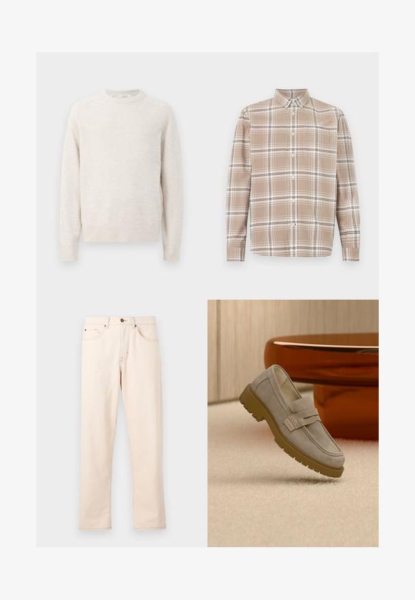Pull crème avec un col rond, des poignets et un ourlet côtelés. Texture douce avec un design simple et épuré et des manches raglan.; Chemise à carreaux beige à boutons, manches longues, col boutonné et poche poitrine sur fond blanc.; Jean beige droit avec cinq poches, fermeture à boutons et surpiqûres contrastantes sur un fond clair uni.; Mocassin en daim gris clair avec une semelle en caoutchouc marron épaisse, posé sur un tapis beige devant une table ronde marron floue.