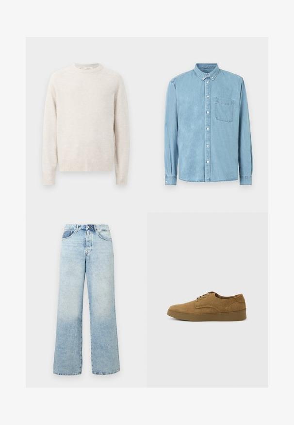Pull crème avec un col rond, des poignets et un ourlet côtelés. Texture douce avec un design simple et épuré et des manches raglan.; Chemise en denim bleu clair à manches longues avec col boutonné, poche poitrine avant, et boutons blancs au centre et aux poignets.; Jean en denim bleu clair taille haute avec une fermeture à bouton et fermeture éclair, poches avant et coupe large.; Chaussure décontractée à lacets en daim marron avec semelle en caoutchouc plate, vue de côté sur un fond clair uni.