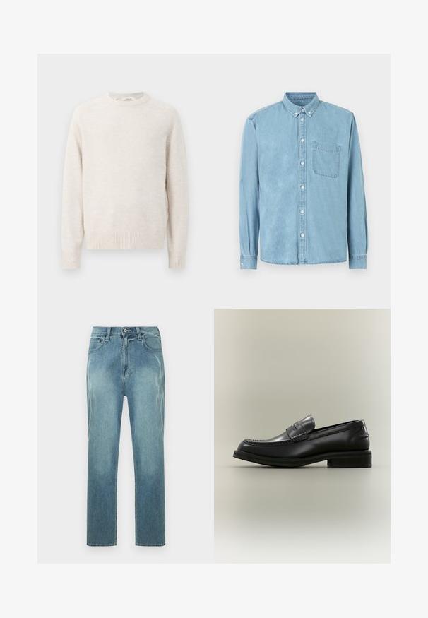 Cremefarbener Pullover mit rundem Ausschnitt, gerippten Bündchen und Saum. Weiche Textur mit einem einfachen, klaren Design und Raglanärmeln.; Hellblaues Denim-Langarmhemd mit Knopfkragen, Brusttasche vorne und weißen Knöpfen in der Mitte und an den Manschetten.; Hellblaue Jeans mit geradem Bein, verblasstem Leopardenmuster an den Seiten, vorderer Knopfleiste und klassischem Fünf-Taschen-Design.; Schwarzer Leder-Pennyloafer mit gestepptem Detail und niedrigem, gestapeltem Absatz vor einfachem, hellem Hintergrund.