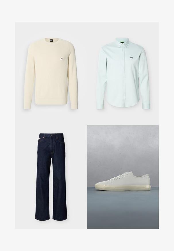 Pull de couleur crème en tissu côtelé, doté d'un col rond, de manches longues et d'un petit logo circulaire sur la poitrine gauche.; Chemise bleu clair à manches longues avec col boutonné, ornée d'un logo noir "BOSS" sur la poitrine gauche.; Jean droit en denim bleu foncé avec design à cinq poches et fermeture par boutons, présenté sur un fond clair uni.; Baskets en cuir blanc avec lacets flottant au-dessus de carreaux en bois carrés et de petits cailloux, avec un arbre et un fond gris.