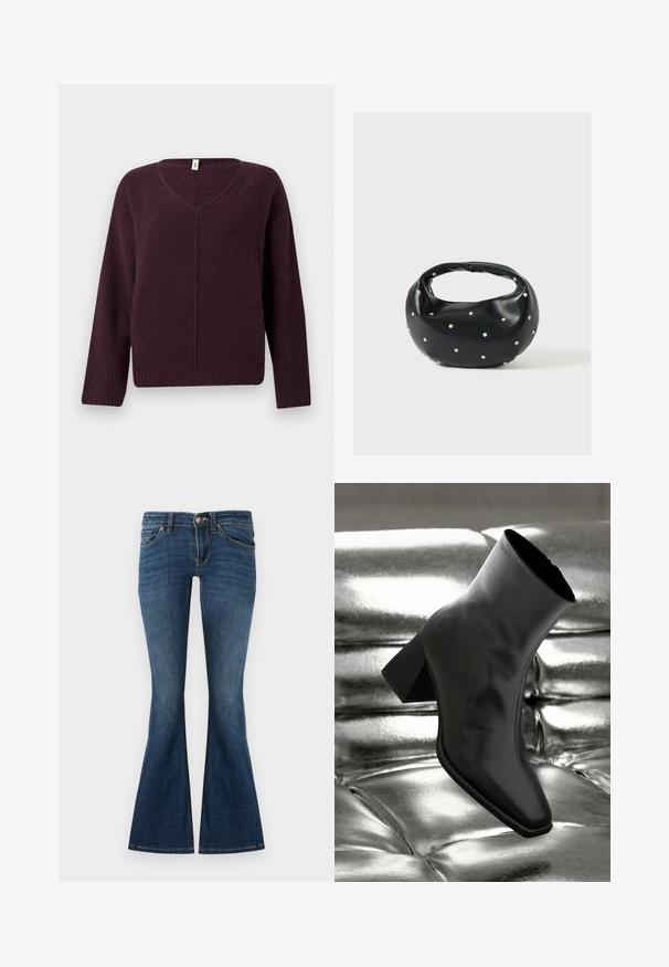 Suéter de pico en púrpura oscuro, confeccionado en una tela suave y texturizada. Presenta mangas largas y bordes acanalados en los puños y el dobladillo.; Jeans acampanados de color azul oscuro hechos de denim, con un diseño de cinco bolsillos, trabillas para cinturón y un cierre frontal con botón. Textura suave con desvanecimiento mínimo.; Botín negro de tobillo hecho de material brillante, con punta cuadrada y tacón cónico, contra un fondo plateado brillante con almohadillado.; Bolso de mano de cuero negro con forma redondeada, decorado con detalles de tachuelas plateadas y un asa corta. Textura lisa y cierre con cremallera.