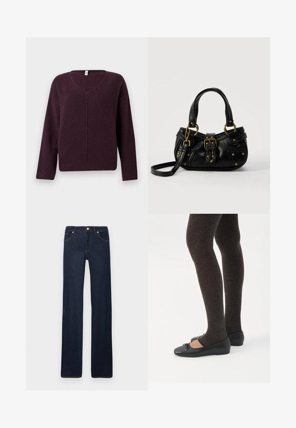 Pull en V de couleur violet foncé, fabriqué à partir d'un tissu doux et texturé. Il présente des manches longues et des bords côtelés aux poignets et à l'ourlet.; Jean droit bleu marine avec poches avant, passants pour ceinture, bouton en métal et détails de couture sur un fond blanc uni.; Jambes portant des leggings côtelés foncés associés à des ballerines noires avec de petits détails en nœud sur fond blanc.; Sac à main en cuir noir avec boucle dorée et détails à rivets, poignées courtes et bandoulière réglable sur fond blanc uni.