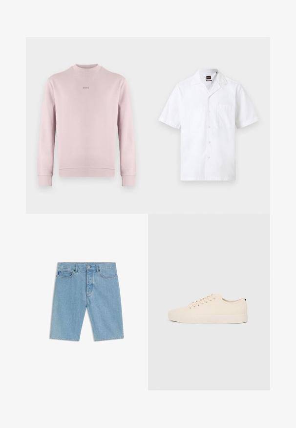 Sweat-shirt rose clair en tissu doux, doté d'un col rond et de poignets côtelés. Logo brodé "BOSS" en rose assorti sur la poitrine.; Chemise blanche pour homme à manches courtes, boutonnée à l'avant, avec une poche frontale et un col club.; Short en denim bleu clair avec bouton et fermeture éclair à l'avant, passants pour ceinture, poches avant, et une petite étiquette en tissu bleu sur la poche droite.; Baskets en toile beige avec bout arrondi, semelle en caoutchouc plate et lacets à l'avant. Présente un design minimaliste et un accent noir contrastant au niveau du talon.