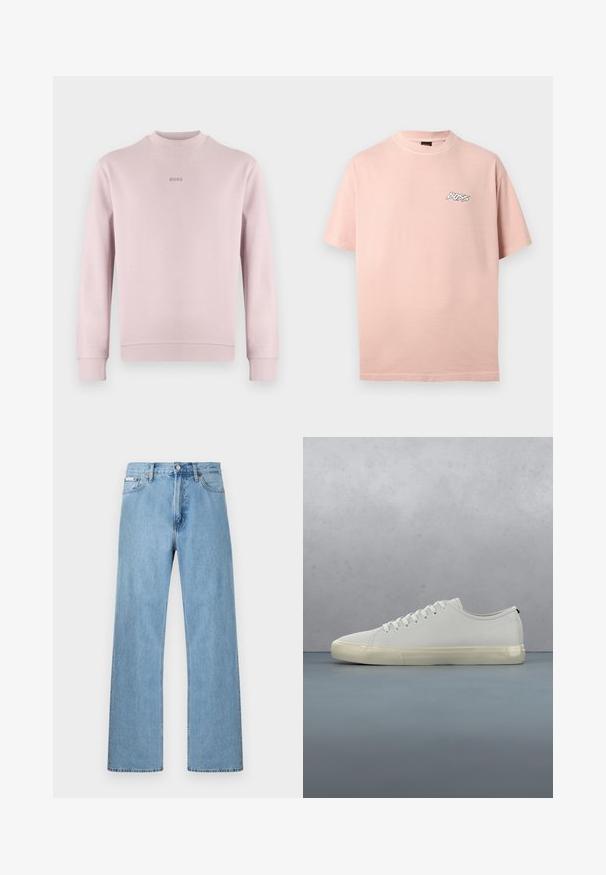 Sweat-shirt rose clair en tissu doux, doté d'un col rond et de poignets côtelés. Logo brodé "BOSS" en rose assorti sur la poitrine.; T-shirt rose clair à manches courtes et col rond avec un petit logo "BOSS" blanc et noir sur le côté gauche de la poitrine.; Jean en denim bleu clair coupe droite à cinq poches avec fermeture à boutons à la taille, présenté sur un fond uni.; Baskets en cuir blanc avec lacets flottant au-dessus de carreaux en bois carrés et de petits cailloux, avec un arbre et un fond gris.