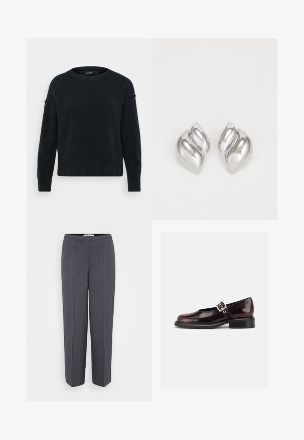 Schwarzer Strickpullover mit rundem Ausschnitt, langen Ärmeln und geripptem Saum. Weicher Stoff mit etwas lockerer Passform und abgesenkten Schultern.; Dunkelgraue, taillierte Hose mit Nadelstreifen, geraden Beinen und hoher Taille, vor einem schlichten hellen Hintergrund präsentiert.; Ein einzelner glänzender dunkelburgunder Mary Jane Schuh mit breitem Riemen und silberner Schnalle, niedrigem Blockabsatz und abgerundeter Spitze auf weißem Hintergrund.; Silberne Ohrringe mit einer organischen, abstrakten Form. Glatte, glänzende Oberfläche mit einem konischen Design. Mit dezenten Kurven und einem zentralen Linienelement.