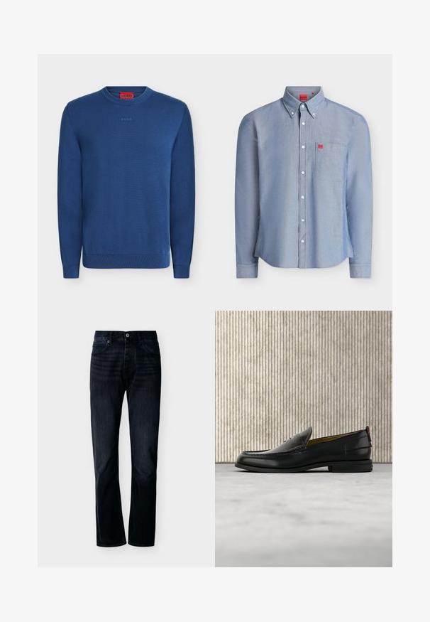 Pull bleu à manches longues avec col rond, poignets et ourlet côtelés, avec un petit logo HUGO embossé sur la poitrine et une étiquette rouge à l’intérieur du cou.; Chemise bleu clair à manches longues boutonnée avec une poche poitrine, des boutons blancs, un col boutonné et de petites étiquettes rouges avec le logo Hugo sur la poche et à l’intérieur du col.; Jean droit couleur indigo foncé avec fermeture avant à boutons et zip, passants pour ceinture et design à cinq poches, présenté sur un fond clair uni.; Mocassin pour homme en cuir noir avec un dessus embossé effet croco et un petit talon, présenté de profil sur un fond neutre.
