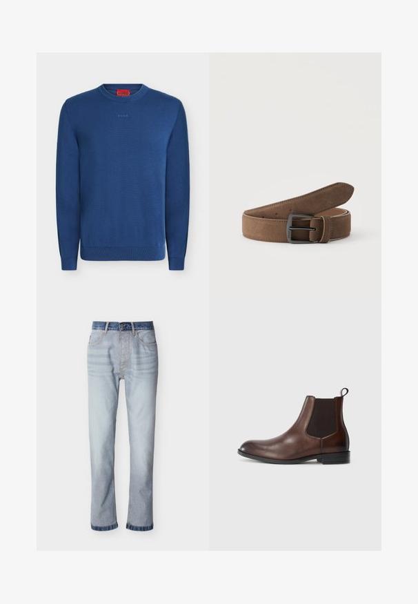 Pull bleu à manches longues avec col rond, poignets et ourlet côtelés, avec un petit logo HUGO embossé sur la poitrine et une étiquette rouge à l’intérieur du cou.; Jean denim bleu clair avec une ceinture bleu foncé, coupe droite, cinq poches et détails de couture visibles.; Bottines Chelsea en cuir marron avec des panneaux élastiques sur les côtés, bout arrondi, languette de tirage et un léger talon avec une semelle texturée.; Ceinture en daim marron avec boucle métallique noire enroulée sur un fond clair uni.