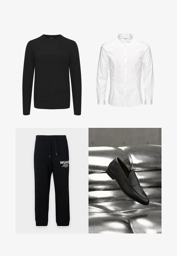 Suéter negro de punto con cuello redondo, que presenta un panel superior texturizado y puños y dobladillo acanalados. Hecho de una tela suave y cálida.; Camisa blanca de manga larga con botones, hecha de una tela suave. Presenta un cuello clásico, botones frontales y puños con un solo botón. Diseño ajustado.; Pantalones de chándal negros hechos de una mezcla de algodón, con cintura ajustable por cordón, piernas estrechas y logo e inscripción impresos en blanco en el muslo izquierdo.; Zapato mocasín de cuero negro flotando sobre un sofá de cuero plateado brillante con botones en un entorno neutro.