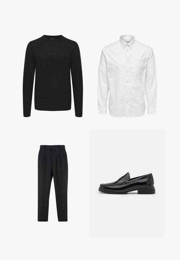Sort strikket sweater med rund hals, der har et tekstureret øverste panel samt ribbede manchetter og kant. Fremstillet af et blødt og varmt stof.; Hvid skjorte med lange ærmer, knapper, krave og brystlomme, med mærket "Selected Homme" på indersiden af kraven.; Sorte skræddersyede bukser med forreste læg, bæltestropper og knaplukning i taljen.; Sorte læder loafers med en rund tå, der har en syet detalje over vristen og en lav blokhæl. Glat tekstur og blank finish.