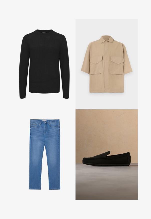 Sort strikket sweater med rund hals, der har et tekstureret øverste panel samt ribbede manchetter og kant. Fremstillet af et blødt og varmt stof.; Beige kortærmet skjorte med to store forlommer med klap og en klassisk krave, vist mod en ensfarvet baggrund.; Lyseblå denimjeans med lige ben, femlommes design, subtil falming og metalbeslag ved taljen og lommerne.; Sort slip-on loafer-sko svævende over et beige tekstureret tæppe med et rundt, træ sofabord og bøger i en sløret baggrund.