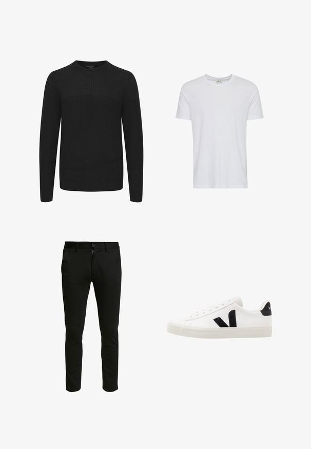 Suéter negro de punto con cuello redondo, que presenta un panel superior texturizado y puños y dobladillo acanalados. Hecho de una tela suave y cálida.; Camiseta blanca lisa de manga corta y cuello redondo, mostrada sobre un fondo blanco, con una pequeña etiqueta en el cuello que muestra la marca “Solid”.; Pantalones negros ajustados hechos de una tela suave. Con cierre de cremallera y botón, dos bolsillos laterales y una textura limpia y suave.; Zapatilla de cuero blanca con acentos de ante negro; presenta una suela de goma, puntera redonda y un diseño clásico de cordones. Logo lateral en negro.