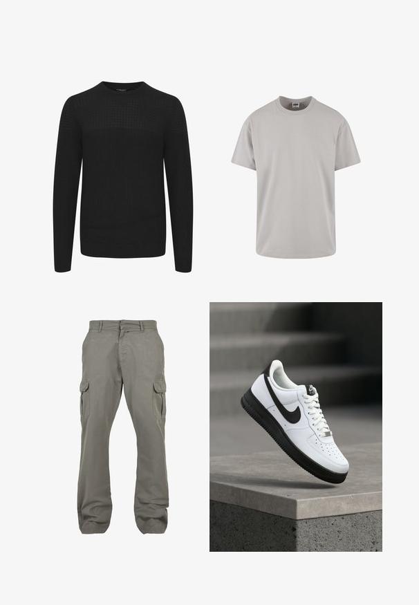 Sort strikket sweater med rund hals, der har et tekstureret øverste panel samt ribbede manchetter og kant. Fremstillet af et blødt og varmt stof.; Lys grå bomulds T-shirt, korte ærmer, rund hals, afslappet pasform, glat tekstur, ingen mønstre eller synlige grafik. Rengør design.; Lysegrå cargobukser lavet af bomuld med to sidelommer, to cargolommer, lige ben og lynlås.; Hvid lædersneaker med sorte detaljer, rundet tå og perforerede detaljer. Sort gummisål med tekstureret mønster og snørelukning.