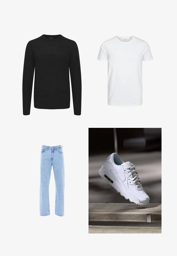 Sort strikket sweater med rund hals, der har et tekstureret øverste panel samt ribbede manchetter og kant. Fremstillet af et blødt og varmt stof.; Rundhals kortærmet t-shirt i ensfarvet hvid, lavet af blød bomuld, har et simpelt design uden synlige mønstre eller detaljer.; Lyseblå denim jeans med lige ben, høj talje, forlommer og klassiske sy detaljer på sømmene og taljebåndet.; Hvide lædersneakers med teksturerede overflader, polstret krave og synlig luftpolstring i sålen. Har snørrebånd og et minimalistisk design.
