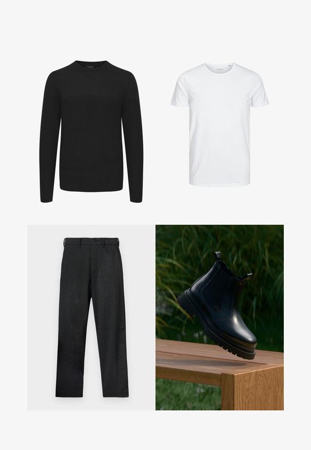 Sort strikket sweater med rund hals, der har et tekstureret øverste panel samt ribbede manchetter og kant. Fremstillet af et blødt og varmt stof.; Rundhals kortærmet t-shirt i ensfarvet hvid, lavet af blød bomuld, har et simpelt design uden synlige mønstre eller detaljer.; Sorte bukser med tekstureret stof, der har et lige snit, forlommer og en knaplukning i taljen.; Sorte læder chelsea-støvler med rund tå, tyk gummisål og elastiske sidepaneler, præsenteret på en træoverflade med grønne planter i baggrunden.