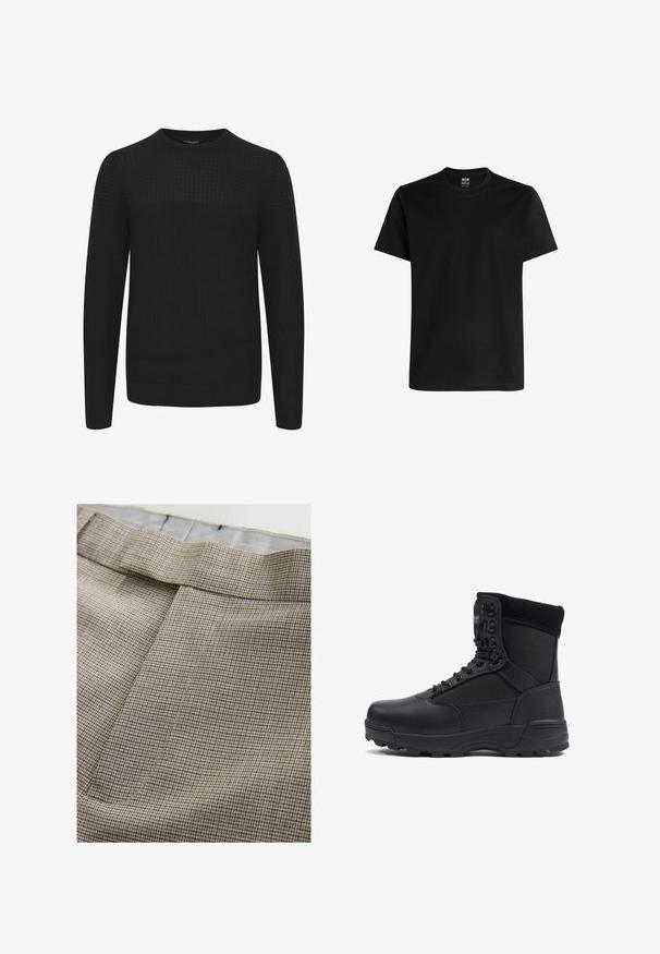 Suéter negro de punto con cuello redondo, que presenta un panel superior texturizado y puños y dobladillo acanalados. Hecho de una tela suave y cálida.; Camiseta negra de manga corta hecha de algodón suave. Presenta un escote redondeado y un corte relajado, sin logotipos ni patrones visibles.; Tela a cuadros marrón y beige de pantalones hechos a medida, con una parte delantera plana, textura suave y una cinturilla con cierre oculto.; Bota táctica negra con parte superior de piel lisa y paneles de tela, diseño de tobillo alto, cierre con cordones y suela de goma resistente.