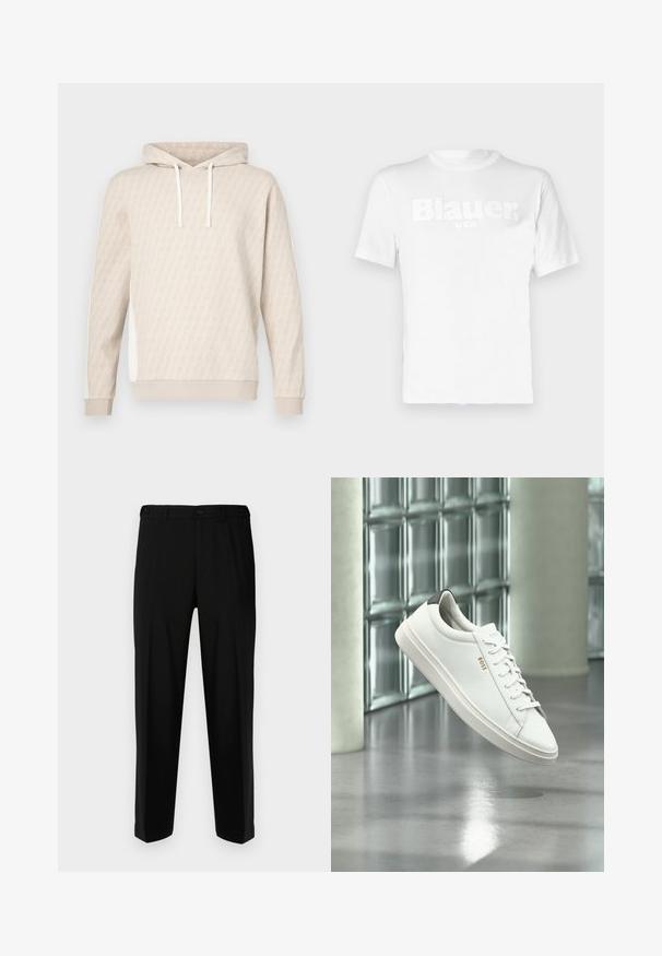 Beige hoodie met een subtiel geometrisch patroon, capuchon met trekkoord, geribbelde manchetten en zijpanelen. Zachte textuur, casual ontwerp.; Witte katoenen t-shirt met korte mouwen, met een verhoogd, ton-sur-ton "Blauer" logo en "USA" tekst op de voorzijde. Gladde textuur.; Zwarte broek van gladde stof, met een rechte snit, twee voorzakken en een ritssluiting met knoopsluiting.; Witte leren lage sneaker met veters, zwarte hielstrook en "BOSS"-logo, zwevend binnenshuis bij een glazen stenen muur en gepolijste vloer.