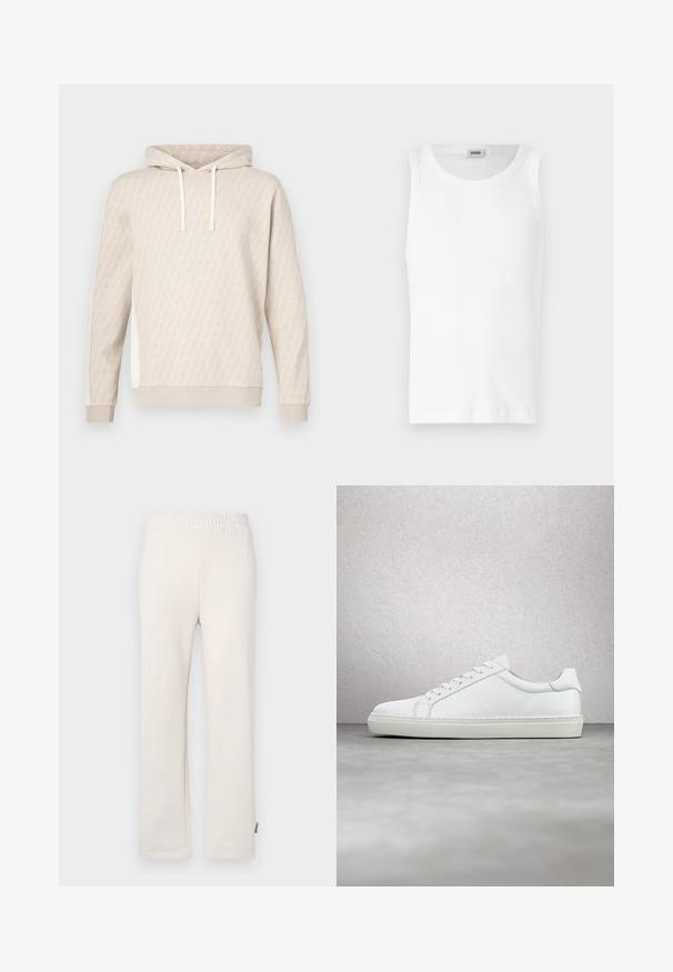 Beige hoodie met een subtiel geometrisch patroon, capuchon met trekkoord, geribbelde manchetten en zijpanelen. Zachte textuur, casual ontwerp.; Witte katoenen mouwloze tanktop met een ronde halslijn en een gladde textuur. Eenvoudig ontwerp, geen patronen of accenten.; Beige katoenen trainingsbroek met een elastische tailleband en geborduurd logo. Rechtaan ontwerp met een gladde textuur en subtiele stikdetails.; Witte sneaker met een gladlederen bovenwerk en een laag profiel. Voorzien van een ronde neus, zes vetergaatjes en een gestructureerde rubberen zool.