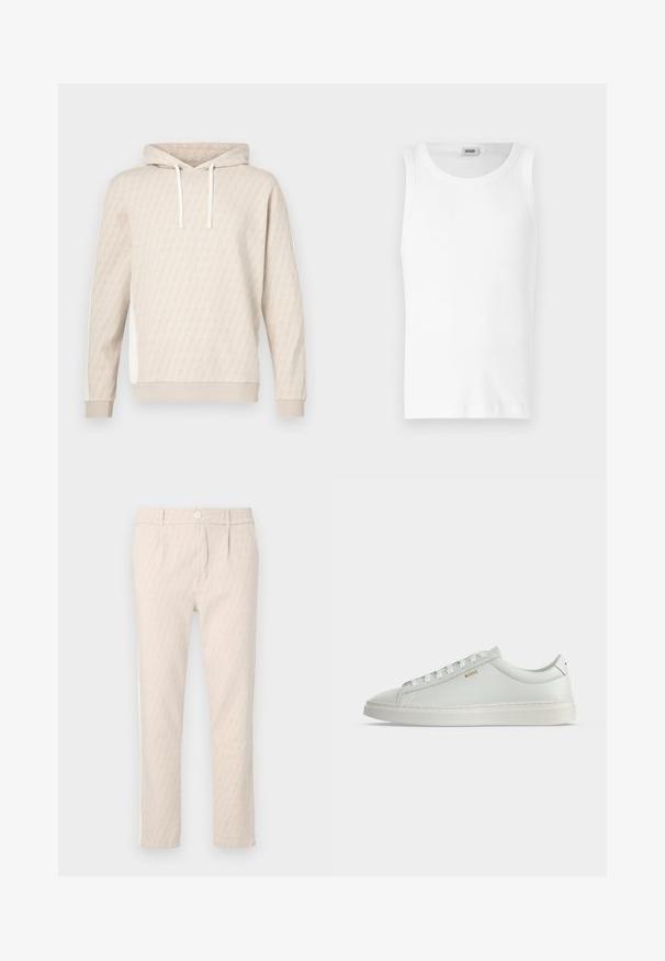 Beige hættetrøje med et diskret geometrisk mønster, snøre i hætten, ribstrikkede ærmeender og sidepaneler. Blød tekstur, afslappet design.; Hvid bomulds tanktop uden ærmer med rund halsudskæring og en glat tekstur. Enkel design, ingen mønstre eller accenter.; Beige mønstrede bukser med et diskret bladmotiv, veltilpassede, med knaplukning og sidelommer. Glat stoffetekstur.; Hvid lavtop lædersneakers med snørebånd, flad sål og lille gyldent "BOSS" logo på siden, set fra ydersiden.