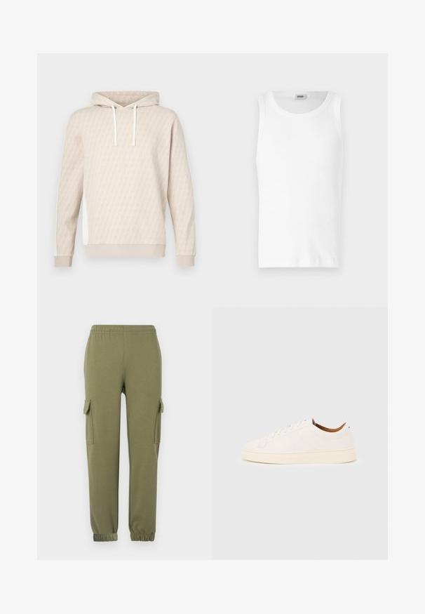 Beige hoodie met een subtiel geometrisch patroon, capuchon met trekkoord, geribbelde manchetten en zijpanelen. Zachte textuur, casual ontwerp.; Witte katoenen mouwloze tanktop met een ronde halslijn en een gladde textuur. Eenvoudig ontwerp, geen patronen of accenten.; Cargo broek in olijfgroene lichtgewicht stof, met zijzakken, een elastische tailleband en aansluitende manchetten voor een strakke fit.; Witte lage sneaker met vetersluiting, minimale stikdetails en een crèmekleurige zool op een lichtgrijze achtergrond.