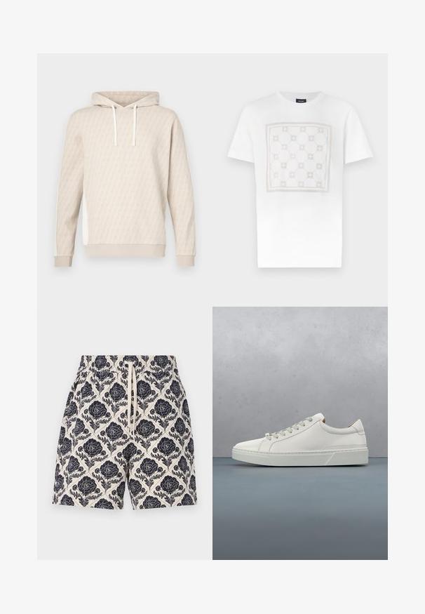Beige hoodie met een subtiel geometrisch patroon, capuchon met trekkoord, geribbelde manchetten en zijpanelen. Zachte textuur, casual ontwerp.; Witte katoenen T-shirt met een groot, subtiel vierkant patroon in licht beige, voorzien van afgeronde vormen en accenten, afgewerkt met een ronde hals.; Geprinte shorts in crème met een marineblauw bloemenpatroon, voorzien van een elastische tailleband en trekkoord, gemaakt van lichtgewicht stof.; Witte leren sneaker met een ronde neus, minimalistisch ontwerp, grijze veters en een gestructureerde grijze rubberen zool. Fijne stikdetails zichtbaar.