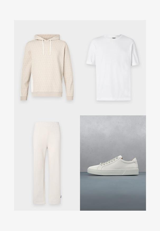 Beige hoodie met een subtiel geometrisch patroon, capuchon met trekkoord, geribbelde manchetten en zijpanelen. Zachte textuur, casual ontwerp.; Witte katoenen t-shirt met een ronde hals, korte mouwen en omgeslagen mouwen; ongecompliceerd ontwerp, zachte textuur en rechte snit.; Beige katoenen trainingsbroek met een elastische tailleband en geborduurd logo. Rechtaan ontwerp met een gladde textuur en subtiele stikdetails.; Witte leren sneaker met een ronde neus, minimalistisch ontwerp, grijze veters en een gestructureerde grijze rubberen zool. Fijne stikdetails zichtbaar.