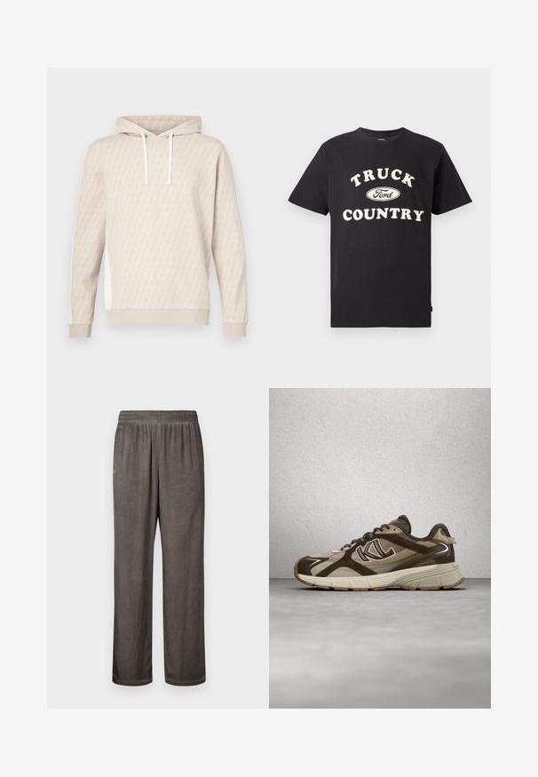 Beige hoodie met een subtiel geometrisch patroon, capuchon met trekkoord, geribbelde manchetten en zijpanelen. Zachte textuur, casual ontwerp.; Zwarte katoenen T-shirt met korte mouwen, voorzien van "TRUCK COUNTRY" in crème tekst en een Ford-logo in het midden voorop.; Loszittende, donkergrijze suède broek met een elastische tailleband en steekzakken aan de zijkant, platliggend weergegeven op een witte achtergrond.; Bruine en beige atletische sneaker met gestructureerde zool en vetersluiting, zwevend in de lucht tegen een vervaagde, moderne glazen muur als achtergrond.