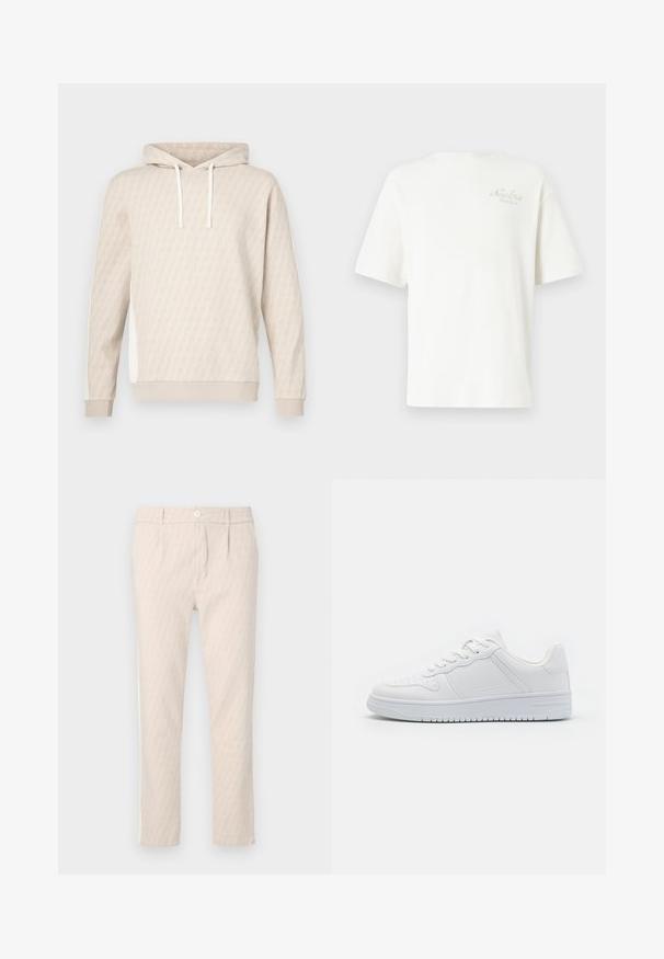 Beige hoodie met een subtiel geometrisch patroon, capuchon met trekkoord, geribbelde manchetten en zijpanelen. Zachte textuur, casual ontwerp.; Witte geribde T-shirt met korte mouwen, voorzien van een klein geborduurd logo in lichtbruin op de linkerkant van de borst. Zachte textuur en een losse pasvorm.; Beige broek met patroon en een subtiel bladmotief, goed gesneden, met knoopsluiting en zijzakken. Glad stoffen oppervlak.; Witte sneakers van glad synthetisch materiaal, met platte veters, geperforeerde neus en een rubberen zool met een gestructureerd grippatroon.