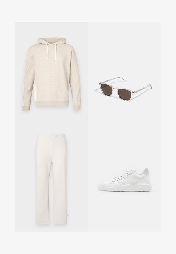 Beige hættetrøje med et diskret geometrisk mønster, snøre i hætten, ribstrikkede ærmeender og sidepaneler. Blød tekstur, afslappet design.; Beige bomulds-sweatpants med elastisk talje og broderet logo. Lige ben design med en glat tekstur og subtile syninger.; Hvide lædersneakers med en glat finish, rund tå, flade snørebånd og en struktureret sål. Grå ruskindsdetalje ved hælen.; Klare plastik solbriller med rektangulære brune linser, med tynde, transparente stænger og metal accenter på templerne.