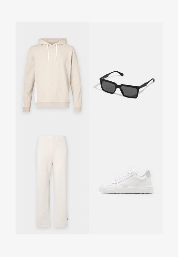 Sweat à capuche beige avec un motif géométrique subtil, capuche à cordon, poignets côtelés et panneaux latéraux. Texture douce, design décontracté.; Pantalons de survêtement en coton beige avec une taille élastique et un logo brodé. Design à jambes droites avec une texture lisse et des détails de couture subtils.; Des baskets en cuir blanc avec une finition lisse, un bout rond, des lacets plats et une semelle texturée. Accents en daim gris au niveau du talon.; Lunettes de soleil noires avec des verres rectangulaires, finition mate, épaisses montures et branches fines comprenant un subtil détail de marque.