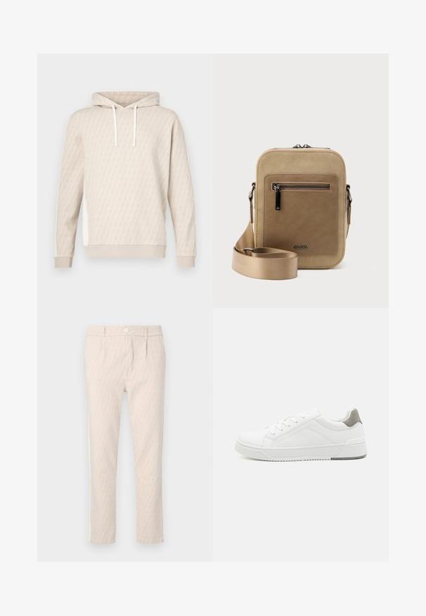 Beige hættetrøje med et diskret geometrisk mønster, snøre i hætten, ribstrikkede ærmeender og sidepaneler. Blød tekstur, afslappet design.; Beige mønstrede bukser med et diskret bladmotiv, veltilpassede, med knaplukning og sidelommer. Glat stoffetekstur.; Hvid sneaker lavet af glat læder, rund tå, minimalistisk design, grå hælafsats og tekstureret gummisål.; Lille beige crossbody-taske med lynlåslomme foran, metal ALDO-logo, justerbar bred rem og rundet rektangulær form på hvid baggrund.