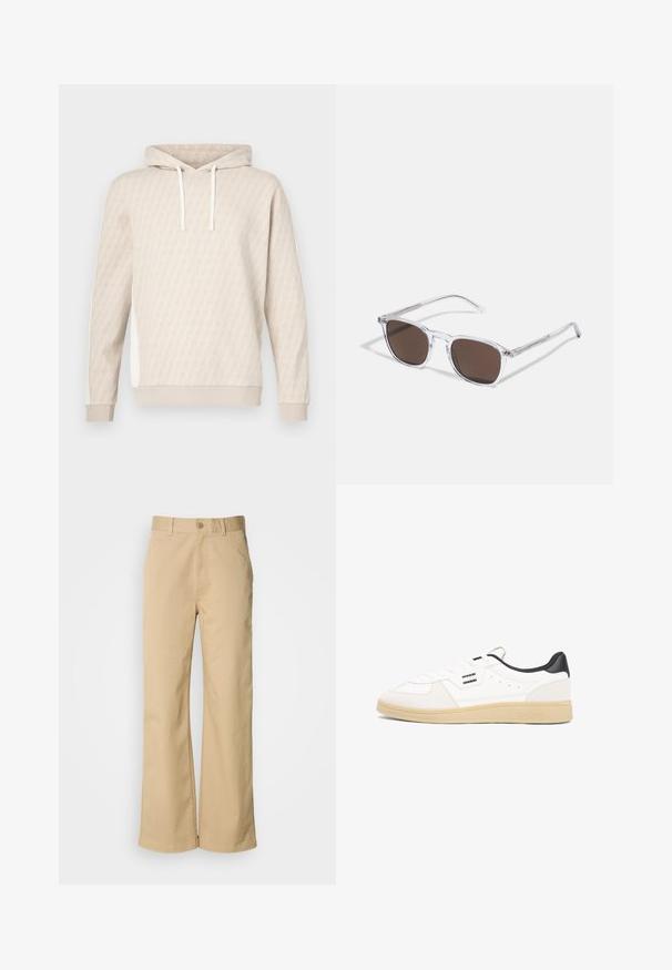 Sweat à capuche beige avec un motif géométrique subtil, capuche à cordon, poignets côtelés et panneaux latéraux. Texture douce, design décontracté.; Pantalon large beige en mélange coton. Fermeture par bouton et passants de ceinture. Texture lisse, avec des détails de couture minimaux.; Baskets en cuir blanc avec un talon noir, fermeture à lacets, détails perforés sur la tige et une semelle en caoutchouc beige. Présente des accents de logo.; Lunettes de soleil en plastique transparent avec des verres marron rectangulaires, dotées de branches fines et transparentes ainsi que d'accents en métal sur les tempes.