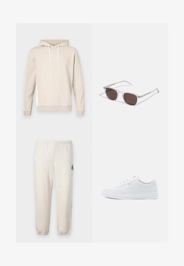 Beige hættetrøje med et diskret geometrisk mønster, snøre i hætten, ribstrikkede ærmeender og sidepaneler. Blød tekstur, afslappet design.; Lys beige sweatpants lavet af bomuld, med elastisk talje, ribbede mansjetter og et grønt logo med bladdesign på venstre ben.; Hvide lædersneakers med glat tekstur, rund tå og ton-i-ton syning. Har blå snørebånd og et gult logo på siden.; Klare plastik solbriller med rektangulære brune linser, med tynde, transparente stænger og metal accenter på templerne.