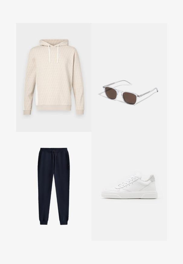 Beige hoodie met een subtiel geometrisch patroon, capuchon met trekkoord, geribbelde manchetten en zijpanelen. Zachte textuur, casual ontwerp.; Marineblauwe joggingbroek met elastische tailleband, trekkoord, zijzakken en geribbelde boorden.; Witte leren sneakers met een gladde afwerking, ronde neus, platte veters en een gestructureerde zool. Grijze suède accent bij de hiel.; Heldere plastic zonnebril met rechthoekige bruine lenzen, voorzien van dunne, doorzichtige veren en metalen accenten op de sleep.
