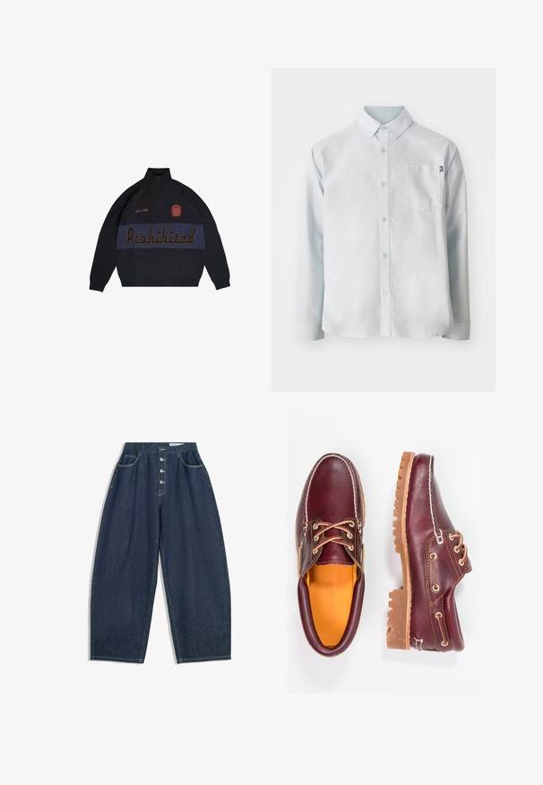 Sort strikpullover med høj krave og lynlås. Har "Forbudt" i fede bogstaver og et detaljeret emblem på brystet. Struktureret ensfarvet.; New Balance OXFORD - Skjorter - blue; Mørkeblå denim bukser med brede ben og høj talje, fem knaplukninger og fem lommer. Har stikninger som accent på sømmene.; Bordeaux lædersko med brune gummisåler, rund tå, hvid syning og gyldne snøringer. Indersiden har et gult for.