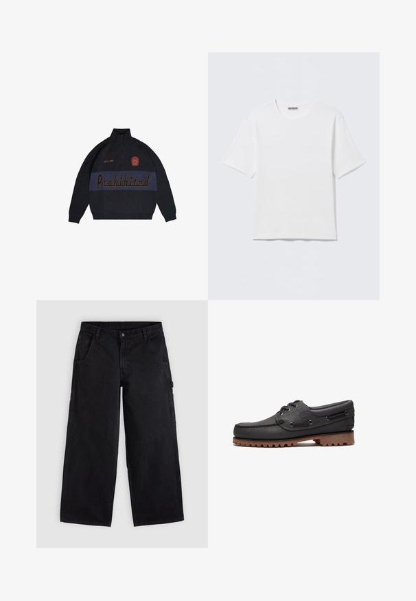 Sort strikpullover med høj krave og lynlås. Har "Forbudt" i fede bogstaver og et detaljeret emblem på brystet. Struktureret ensfarvet.; Hvid, kortærmet t-shirt med rund hals og et lille "WEEKDAY"-mærke på indersiden af bagkraven, vist på en flad overflade.; Sorte bredbenede arbejdstøj bukser med bæltestropper, forlommer og knaplukning, vist på en ensfarvet lys baggrund.; Sort læder bådsko med snøredetaljer, rund tå, struktureret brun gummisål og sydd læderside.