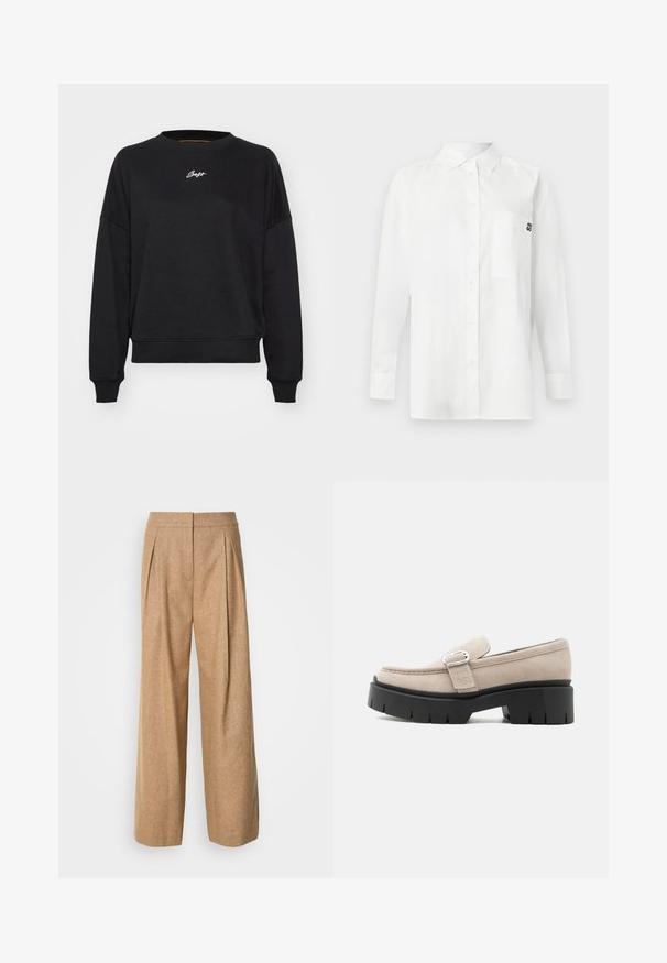 Musthave mustikasvärvi dressipluus ümarate kaeluste, langenud õlgade ja soonikuga mansettidega. Rinnal on peene valge logo tikand. Sile kangas.; Valge pikka varrukat valmistatud puuvilla ja sünteetilise segu kangast, millel on nööbitav krae, eesttasku ja rindkeres väike must logo.; Laiad jalatsid tekstuuriga heledast pruunist kangast. Omavad esiplekkesid ja kõrget vööd, sujuva viimistluse ja nähtamatute kinnitusteta.; Beežid seemisnahast loaferid hõbedase pandla ja paksu musta robustse taldiga, küljevaade valgel taustal.