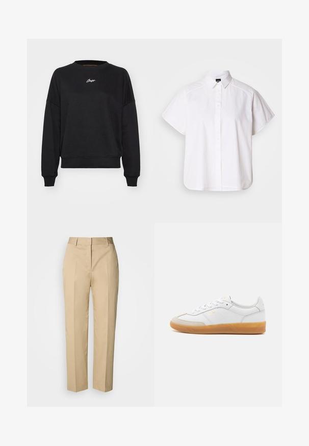 Musthave mustikasvärvi dressipluus ümarate kaeluste, langenud õlgade ja soonikuga mansettidega. Rinnal on peene valge logo tikand. Sile kangas.; Valge lühikeste varrukatega nööpidega särk, millel on terav krae ja kõver hems. Valmistatud puuvillast, millel on sile tekstuur ja nähtamatud mustrid.; Beežid sirge lõikega püksid vööaasa ja esikortseriga, peidetud kinnitusega, valgel taustal.; Valge nahast tenniseking, millel on beeži luksusliku sameti detailid, kummi kummist tald ja seotud disain. Esitleb diskreetset kuldset brändimist.