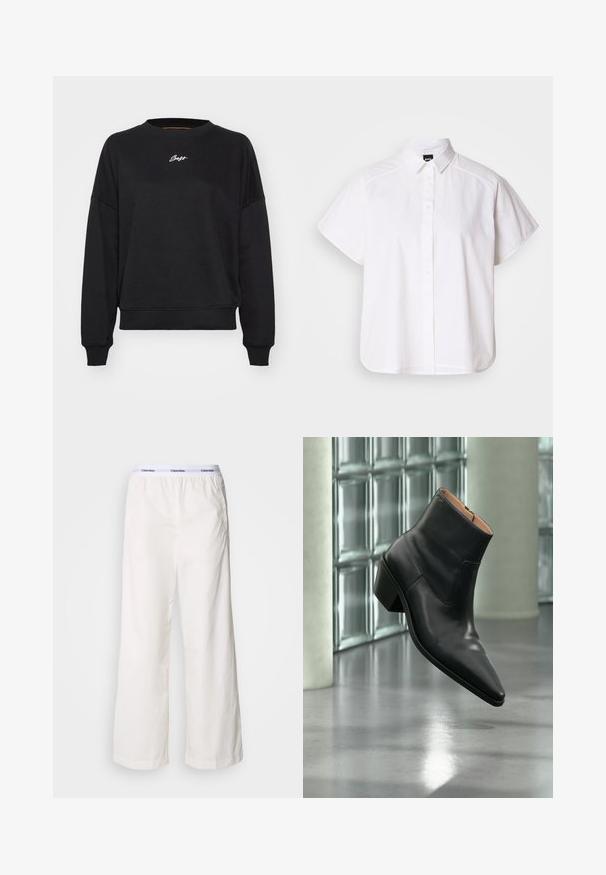 Sweatshirt noir à col rond, épaules tombantes et manches à bords côtes. Présente un subtile logo brodé en blanc sur la poitrine. Texture du tissu lisse.; Chemise blanche à manches courtes, à boutons, avec un col pointu et un ourlet arrondi. Fabriquée en coton, elle possède une texture lisse et sans motifs visibles.; Pantalons larges blancs avec une taille élastique arborant un logo Calvin Klein en contraste. Fabriqués à partir d'un tissu lisse, ils offrent une coupe décontractée.; Bottine en cuir noir avec un bout pointu et un talon carré lévitant au-dessus d'un sol gris réfléchissant près d'un mur en blocs de verre.